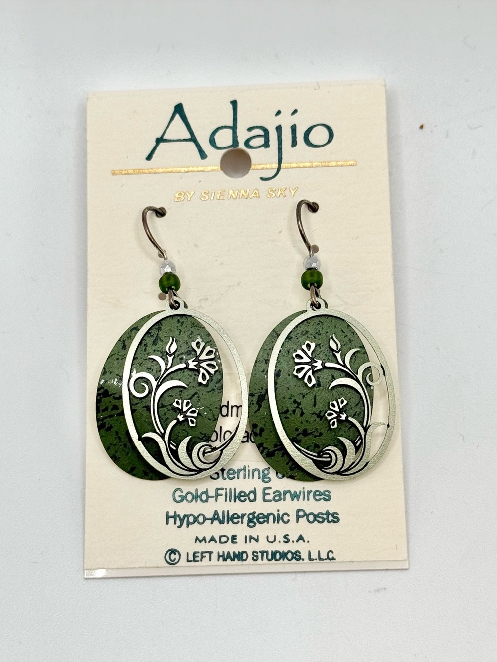 Adajio Earrings Light Pine Oval Moss Art Nouveau Flower Filigree Handmade - Picture 2 of 6